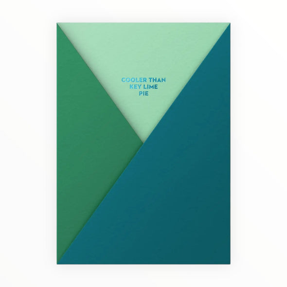 Cooler Than Key Lime Pie laser-cut greeting card by Dear Beni, teal and mint with metallic foil, kraft envelope, 4.5 x 6.25 inches
