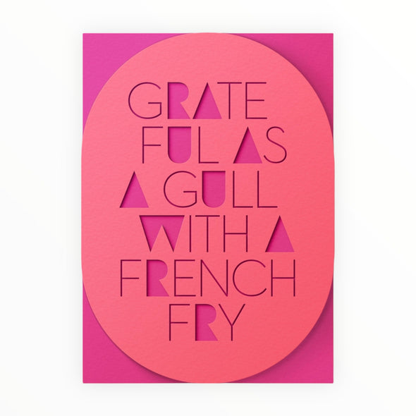 Grateful Gull laser-cut thank you card by Dear Beni, coral and fuchsia, kraft envelope, 4.5 x 6.25 inches