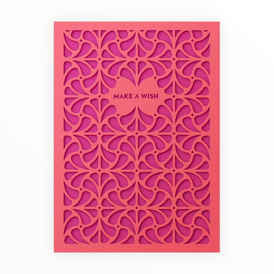 Make A Wish laser-cut birthday card by Dear Beni, coral and fuchsia, kraft envelope, 4.5 x 6.25 inches