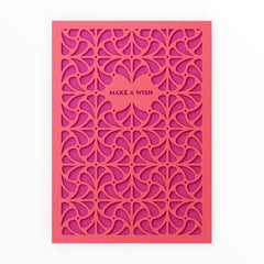 Make A Wish laser-cut birthday card by Dear Beni, coral and fuchsia, kraft envelope, 4.5 x 6.25 inches