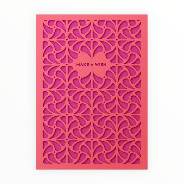 Make A Wish laser-cut birthday card by Dear Beni, coral and fuchsia, kraft envelope, 4.5 x 6.25 inches