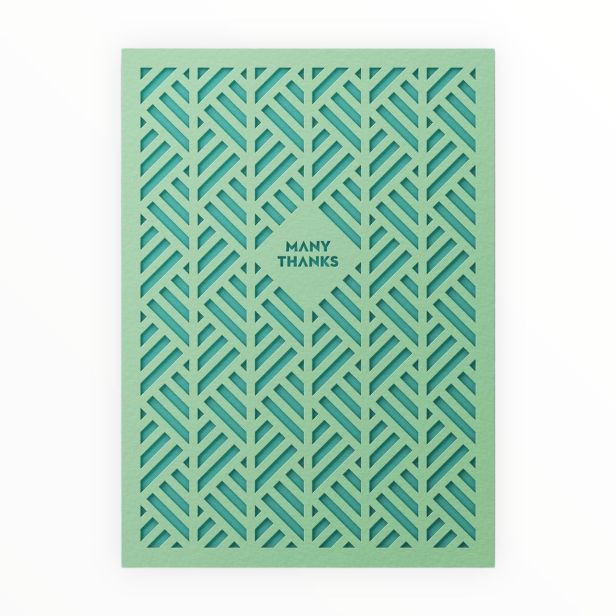 Many Thanks laser-cut thank you card by Dear Beni, mint two-piece design with internal pocket, kraft envelope, 4.5 x 6.25 inches