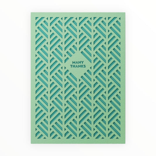 Many Thanks laser-cut thank you card by Dear Beni, mint two-piece design with internal pocket, kraft envelope, 4.5 x 6.25 inches