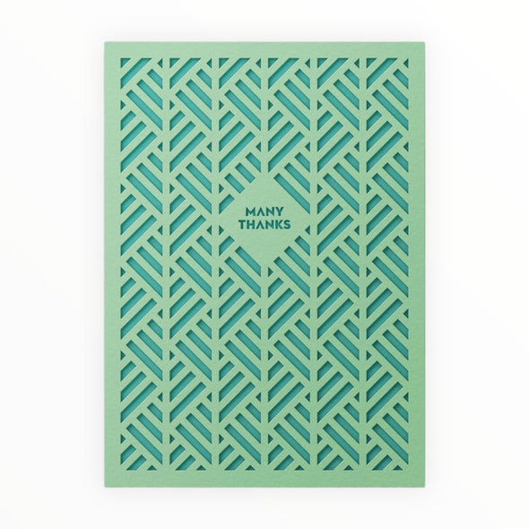 Many Thanks laser-cut thank you card by Dear Beni, mint two-piece design with internal pocket, kraft envelope, 4.5 x 6.25 inches