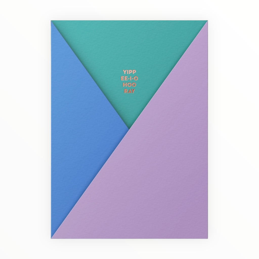 Yippee-I-O Hooray laser-cut congratulations card by Dear Beni, lavender blue and teal with gold foil, kraft envelope, 4.5 x 6.25 inches