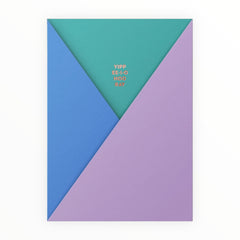 Yippee-I-O Hooray laser-cut congratulations card by Dear Beni, lavender blue and teal with gold foil, kraft envelope, 4.5 x 6.25 inches
