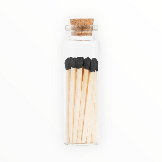Black matches in small corked vial by Enlighten the Occasion, 20 black-tipped wooden matches with match striker, 0.8 x 2.55 inches