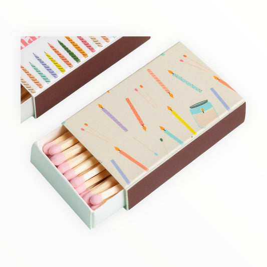Decorative candle matchbox with pink matchsticks by Enlighten the Occasion, 30 pink-tipped 2-inch wooden matches