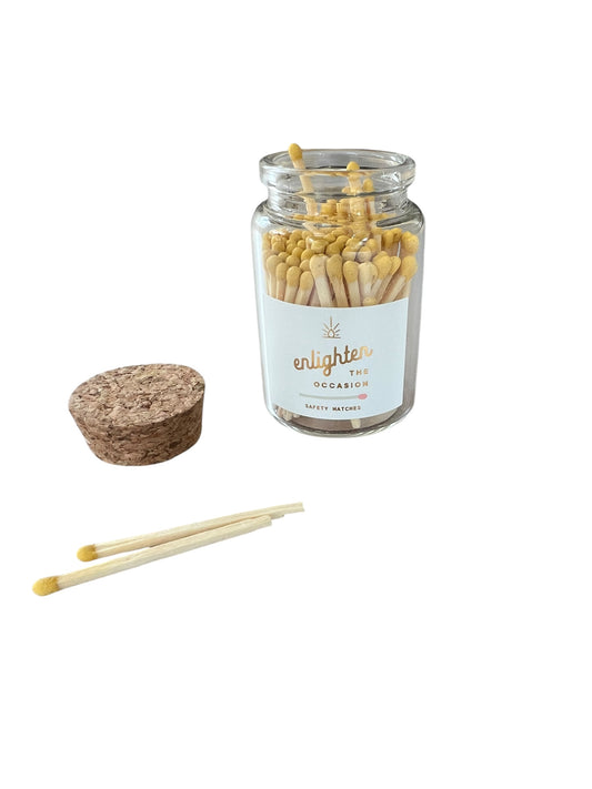 Yellow matches in lux mini corked vial by Enlighten the Occasion, 80 yellow-tipped wooden matches with match striker, 1.75 x 3 inches