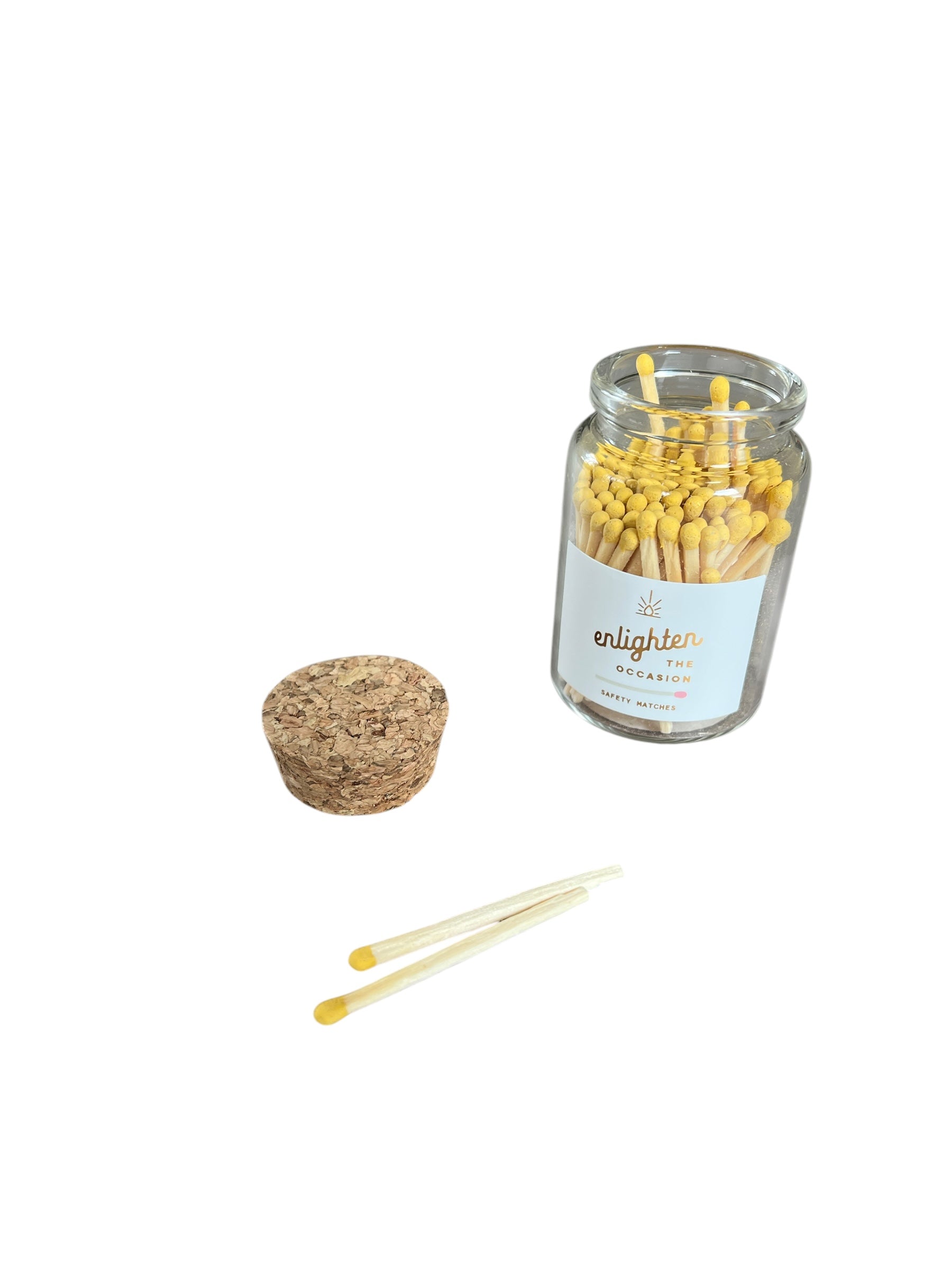 Yellow matches lux mini corked vial detail by Enlighten the Occasion, cork stopper and match striker