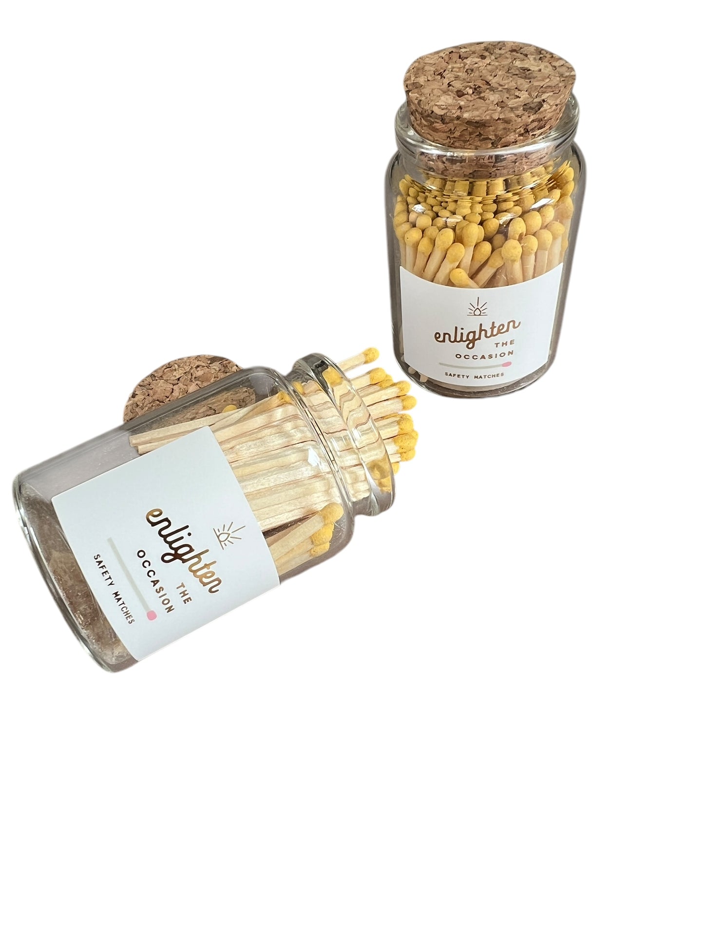 Yellow matches in lux mini corked vial by Enlighten the Occasion, lifestyle photo