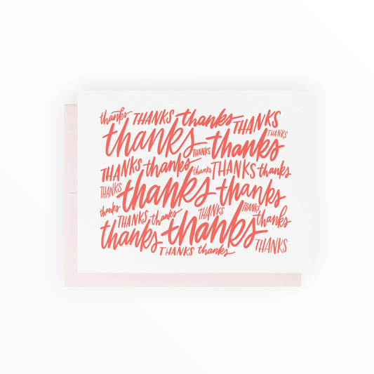 All the Thanks letterpress thank you card by Friendly Fire Paper, red script, blank interior, coordinating envelope, 4.25 x 5.5 inches