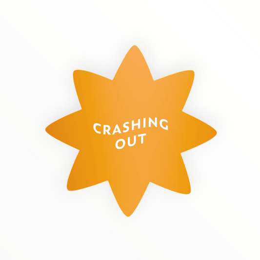 Crashing Out mini-mood sticker by Friendly Fire Paper, sunshine yellow, matte mirror finish, 2 x 2 inches