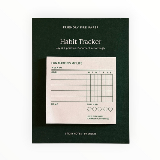 Fun Maxxing My Life Weekly Fun Habit Tracker Sticky Notes by Friendly Fire Paper, 50 self-adhesive repositionable sheets, dark green on pale cream, 3 x 3 inches