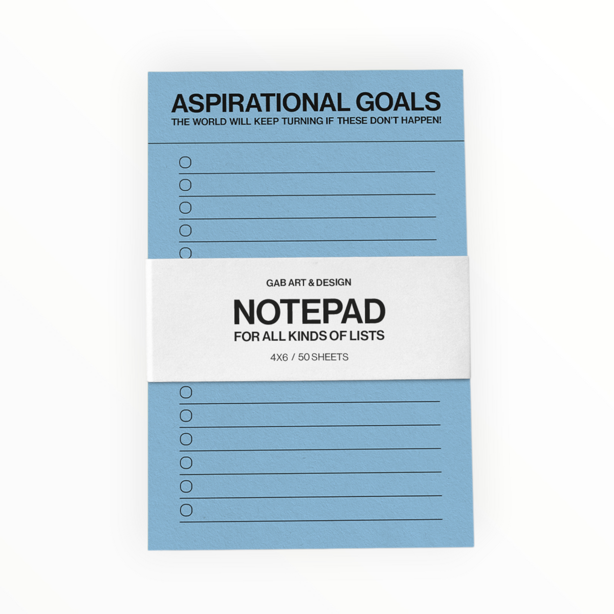 A light blue notepad with a white paper band around the center, featuring the text 'ASPIRATIONAL GOALS' at the top and 'NOTEPAD FOR ALL KINDS OF LISTS' on the band. The notepad has multiple lined list sections with circular checkboxes.