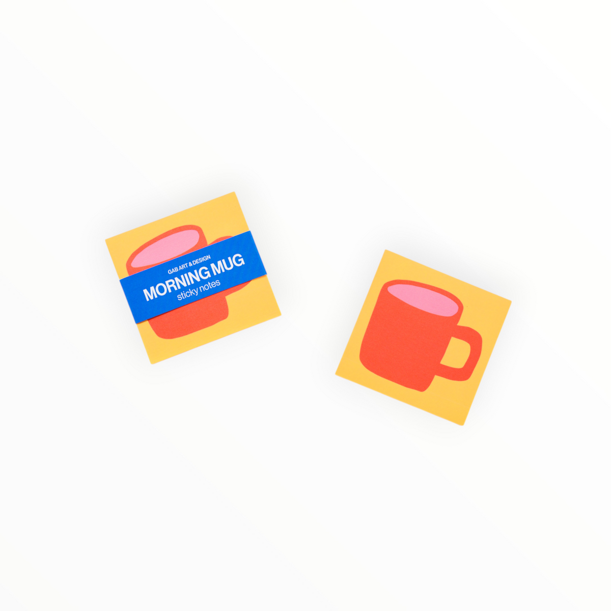 Two square sticky notes with a minimalist coffee mug illustration on a yellow background, one still in its blue paper sleeve packaging and the other loose, on a clean white background.