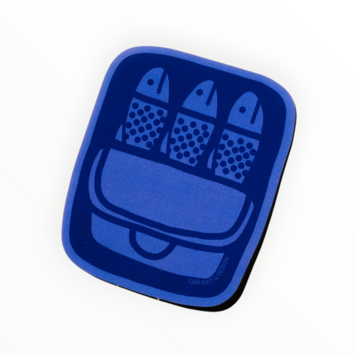 A square blue sticker with rounded corners featuring a graphic of three fish in a carrier, on a white background.