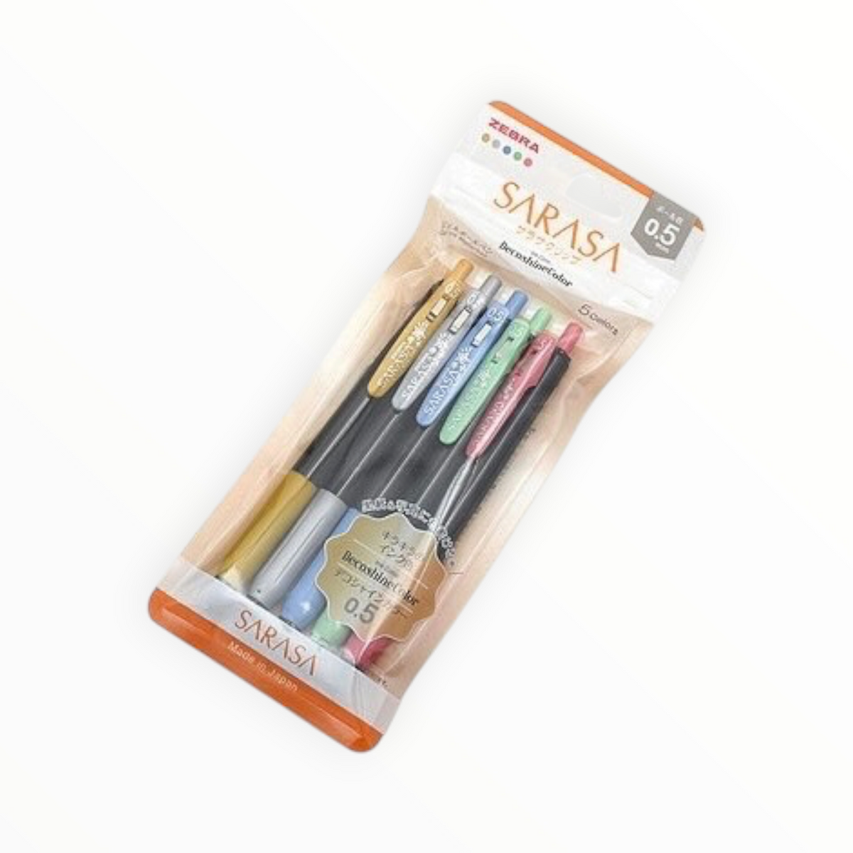 A pack of six Sarasa 0.5 gel pens in assorted colors, sealed in a clear plastic package with an orange and white header card.