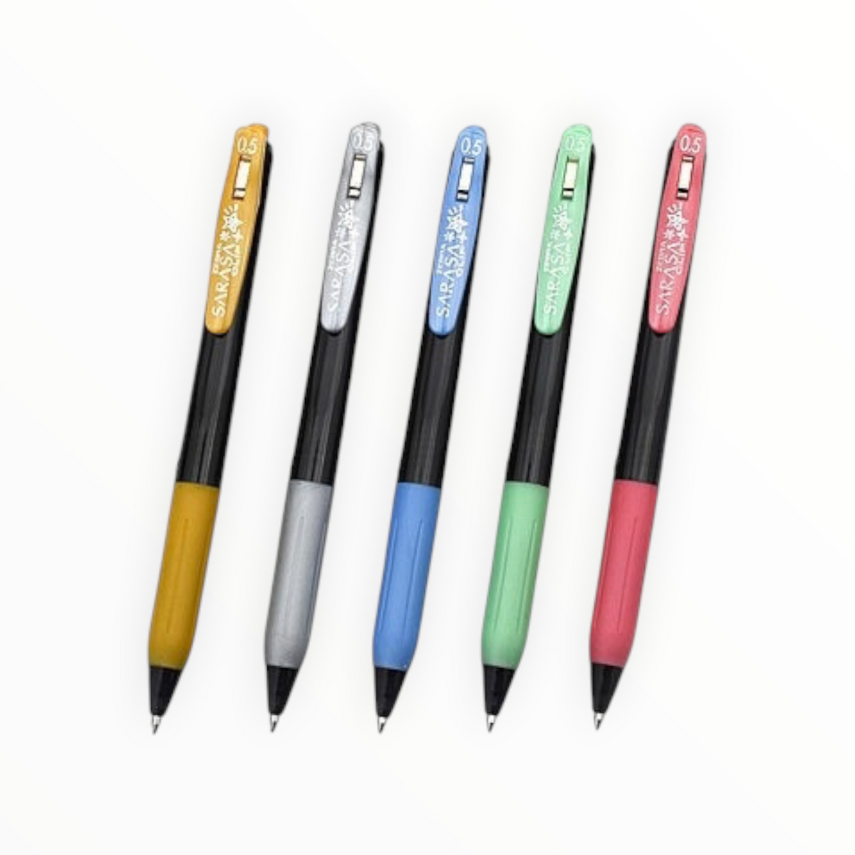 Four retractable ballpoint pens with ornate silver Chinese calligraphy designs on their caps, shown in gold, silver, blue, and pink colors against a plain white background.