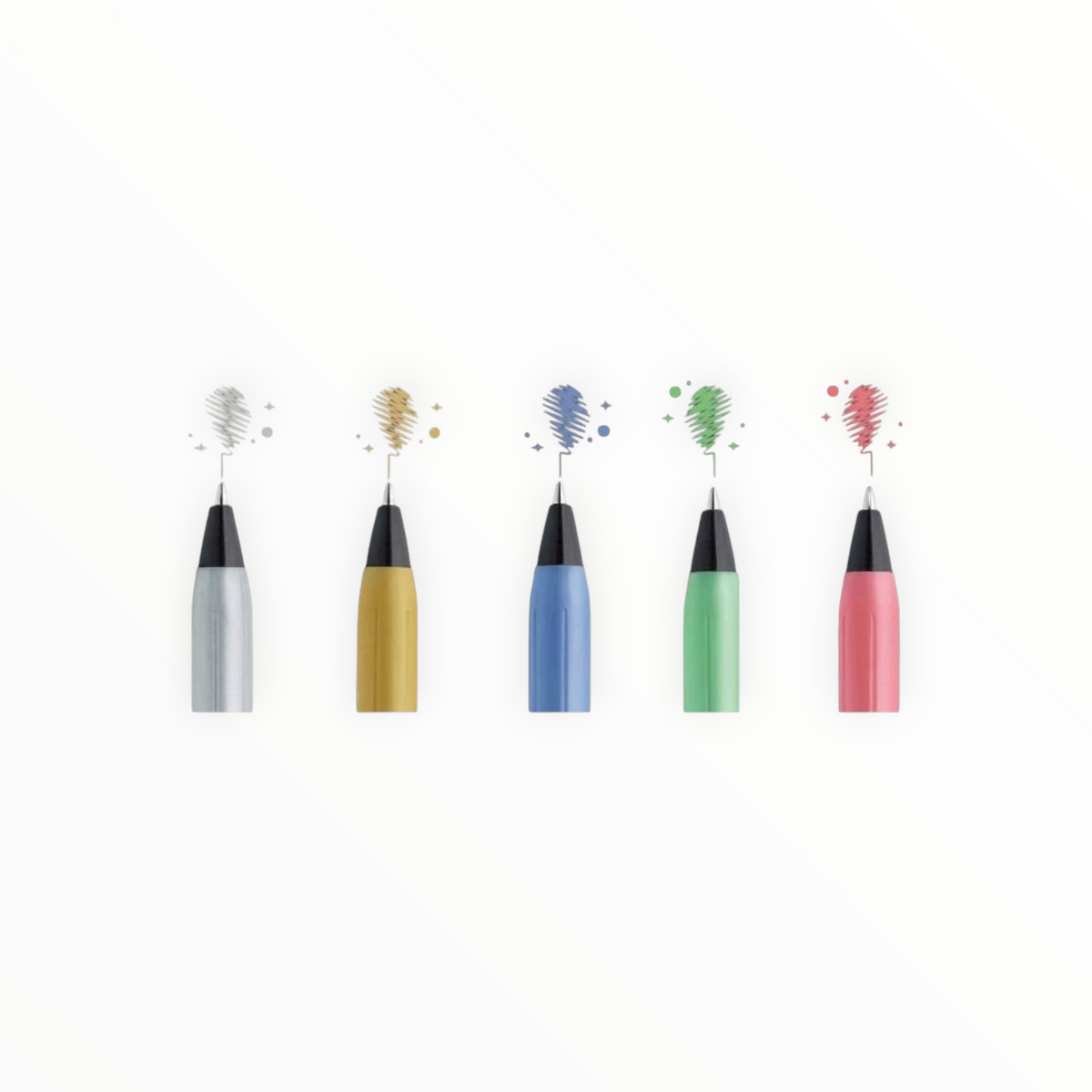 Five cosmetic sponge-tip applicators in silver, gold, blue, green, and pink, arranged in a row on a plain white background.