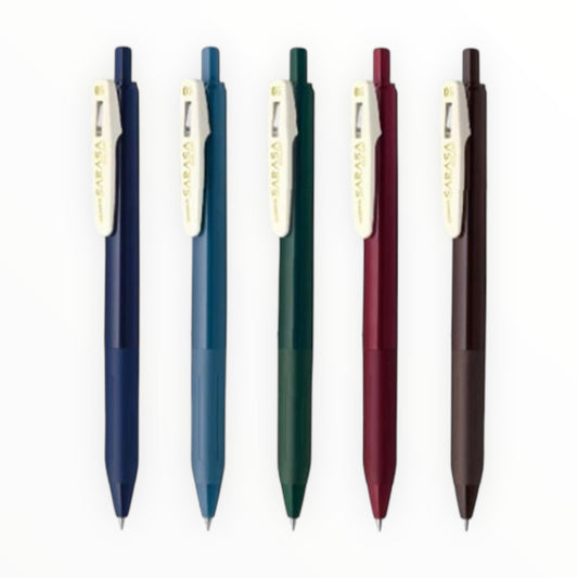 Zebra Sarasa Vintage gel pen 5-color set by Hakubundo, dark blue blue gray green black brown gray red black, 0.5mm ballpoint gel ink