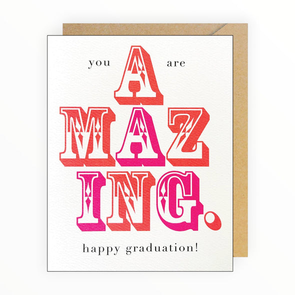 Are Amazing Happy Graduation card by J.Falkner Cards, blank interior, kraft envelope, 4.625 x 6.25 inches