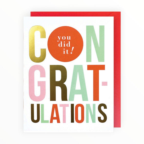 Congratulations You Did It graduation card by J.Falkner Cards, bold gold design, blank interior, red envelope, 4.625 x 6.25 inches