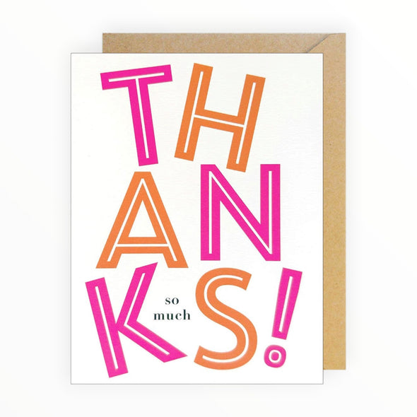 Thanks So Much bright thank you card by J.Falkner Cards, blank interior, kraft envelope, 4.625 x 6.25 inches
