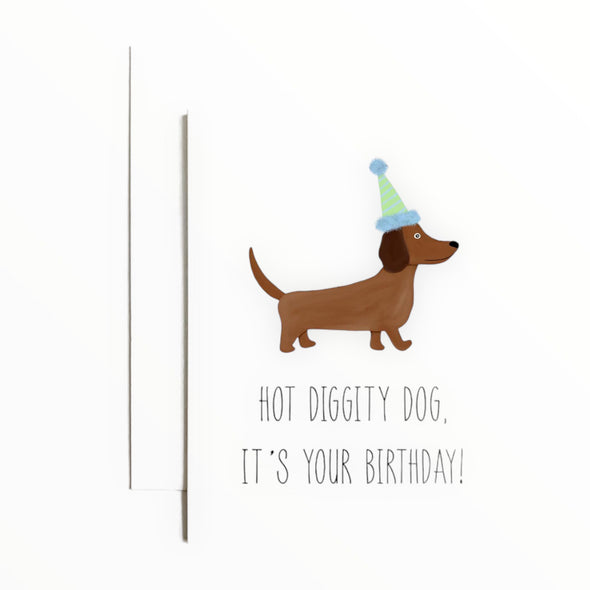 Hot Diggity Dog It's Your Birthday card by k.Patricia Designs, blank interior, kraft envelope, 4.25 x 5.5 inches