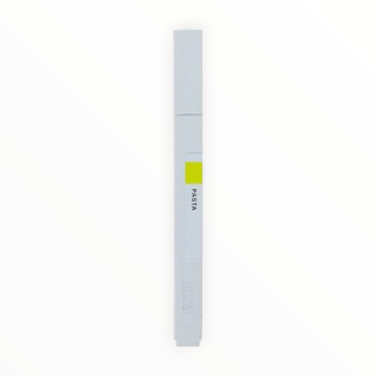 A slim, light gray plastic marker or pen-like tool with a small bright yellow-green rectangular accent and the word 'PASTA' printed vertically near the center, shown on a plain white background.