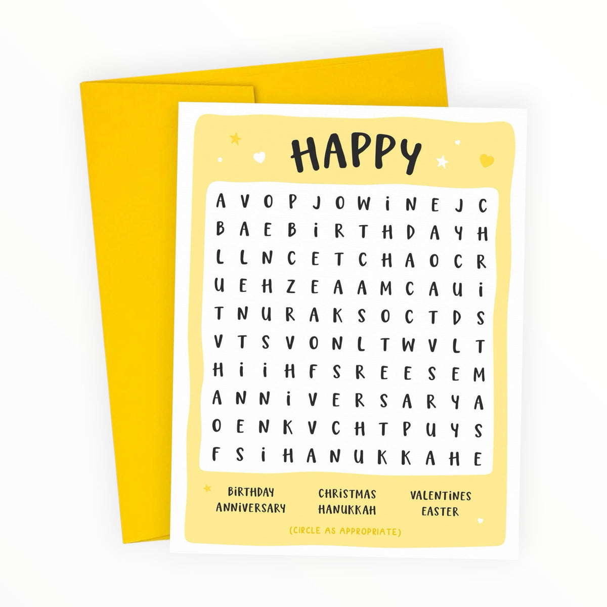 Happy All The Things word search greeting card by Kreate Paper Co., 4.25 x 5.5 inches, yellow envelope, works for any occasion