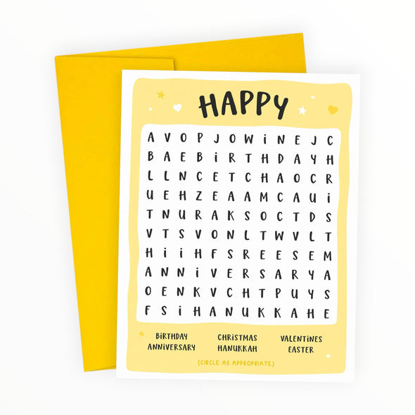 Happy All The Things word search greeting card by Kreate Paper Co., 4.25 x 5.5 inches, yellow envelope, works for any occasion