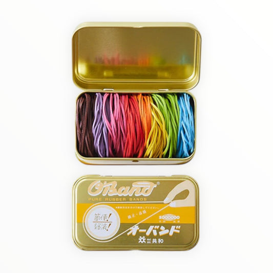O'Band Rainbow Rubber Bands Tin by Kyowa, 8 vibrant colors, 200 natural rubber bands in gold metal flip-top tin, 1.75 x 2 x 3.5 inches