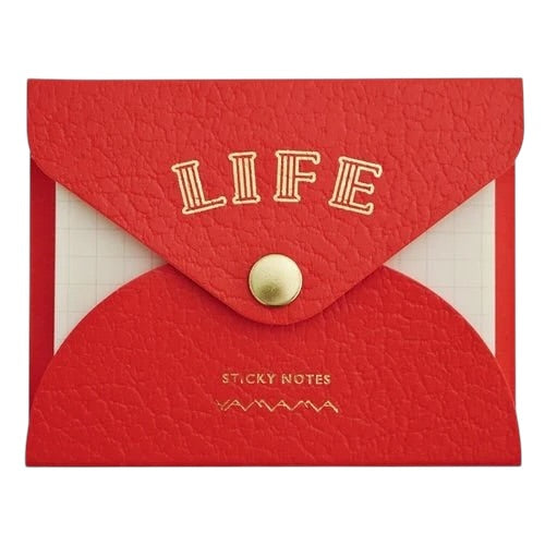 Life Sticky Notepad and Holder by Life, poppy faux red leather snap case, grid paper, 40 sheets, 3.5 x 2.75 inches, made in Japan