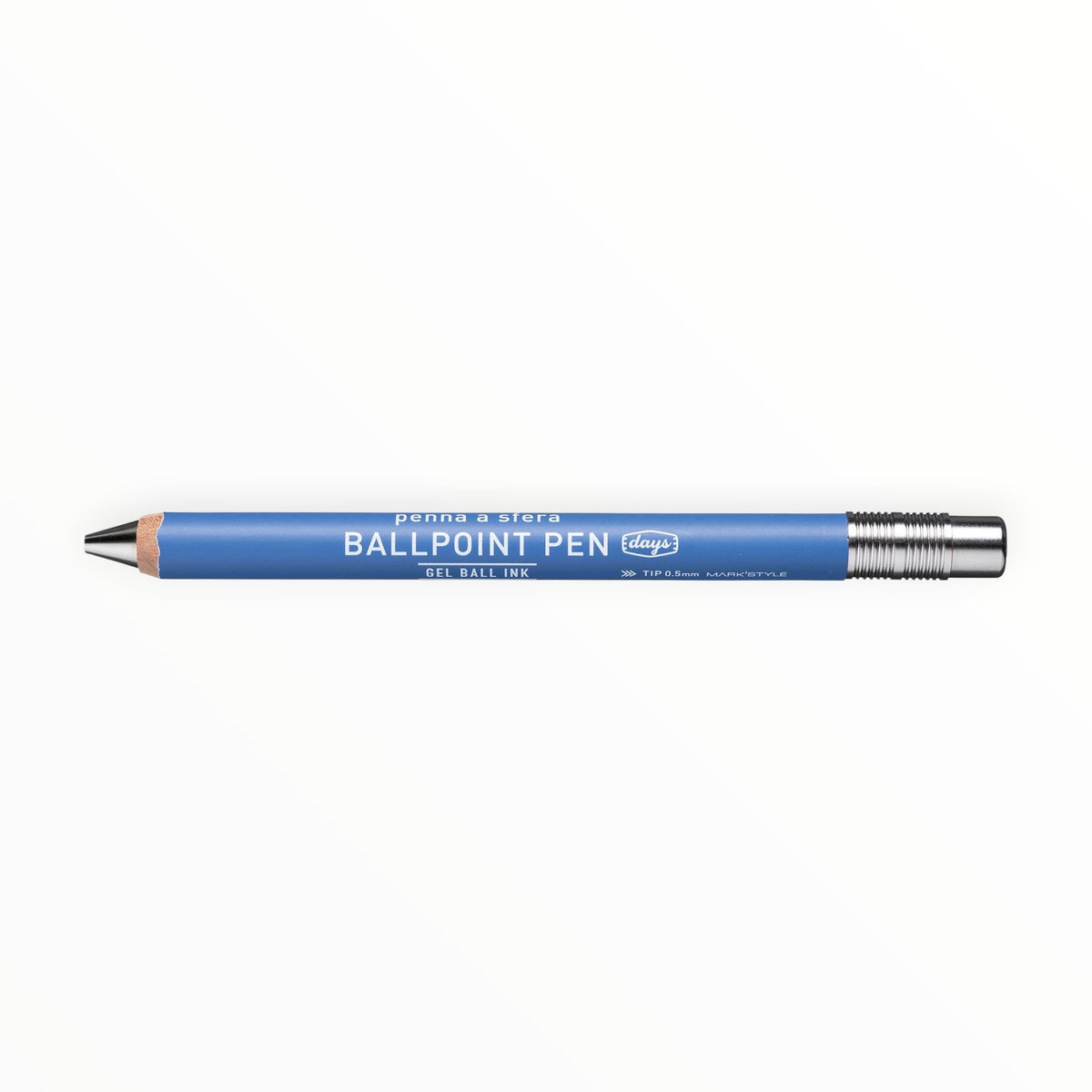 Blue Wood Gel Ballpoint Pen by MARK'S Inc., retro aesthetic with wooden grip, ballpoint pen typography in five languages, 0.5mm black gel ink, refillable