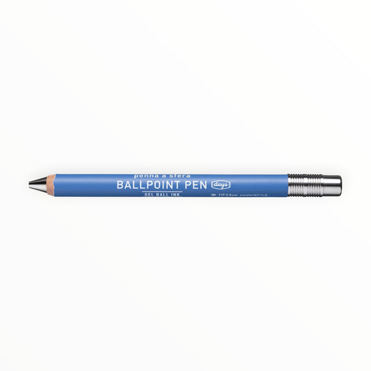 Blue Wood Gel Ballpoint Pen by MARK'S Inc., retro aesthetic with wooden grip, ballpoint pen typography in five languages, 0.5mm black gel ink, refillable