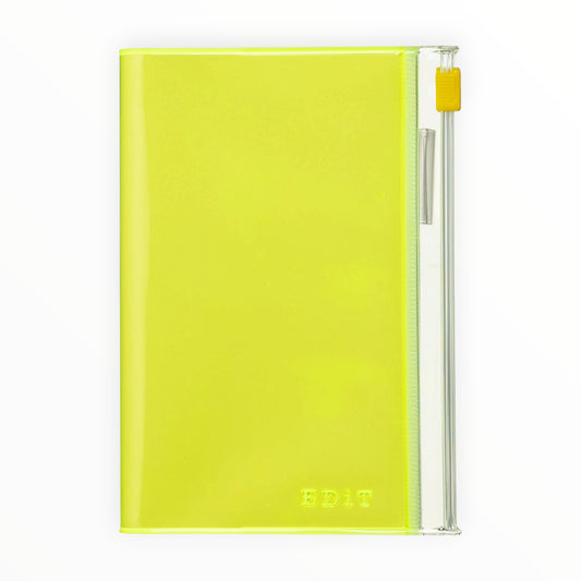 EDiT Grid B7 Notebook with Cover in Neon Yellow by MARK'S Inc., zipper cover with pen holder and pocket, 320 pages grid-lined