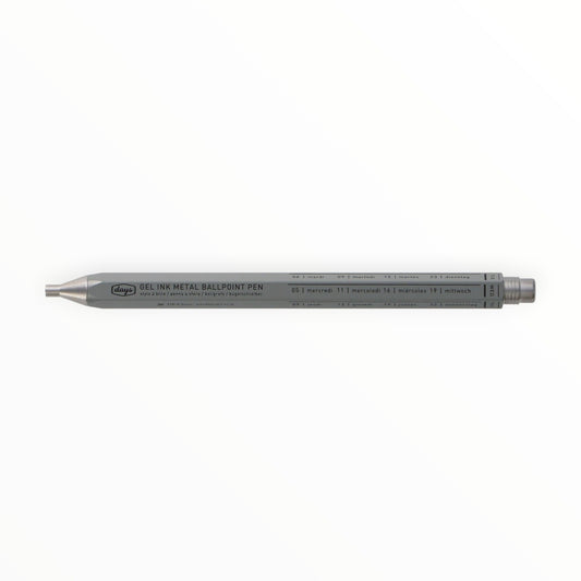 Mark'style Gray Metal Gel Ballpoint Pen by MARK'S Inc., hexagonal retro design, days of the week in five languages, 0.5mm zirconia ball tip, black gel ink, made in Japan