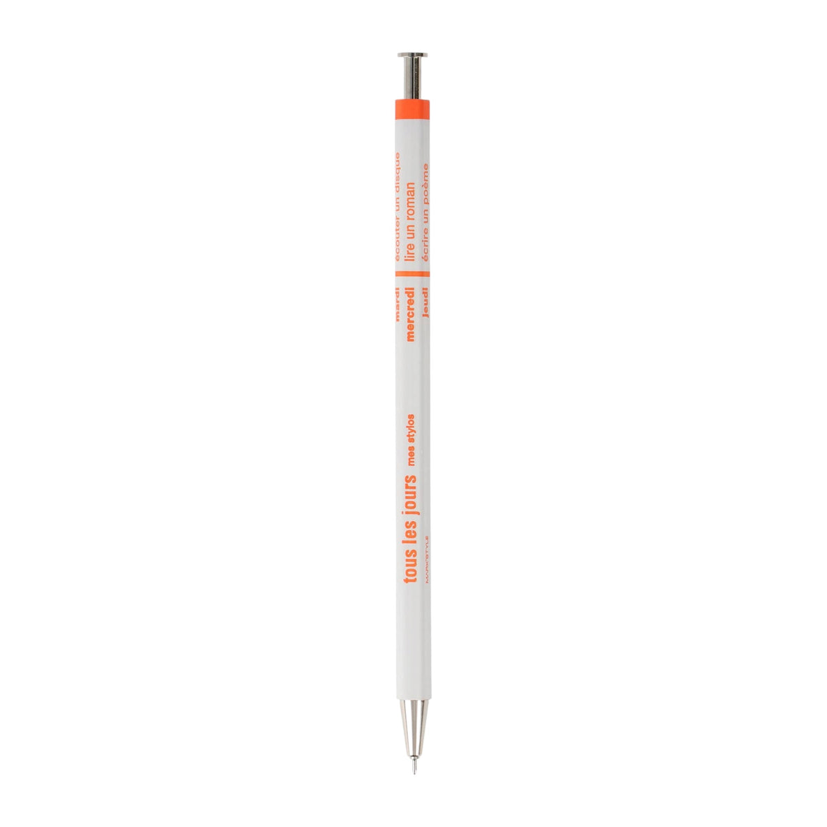 Mark'style Tous Les Jours ballpoint pen in gray with orange by MARK'S Inc., octagonal cedar-wood barrel, days of the week in French, 0.5mm black ink, made in Japan