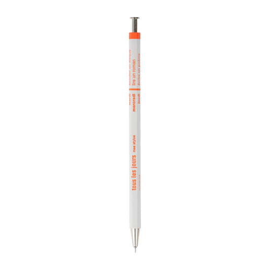 Mark'style Tous Les Jours ballpoint pen in gray with orange by MARK'S Inc., octagonal cedar-wood barrel, days of the week in French, 0.5mm black ink, made in Japan