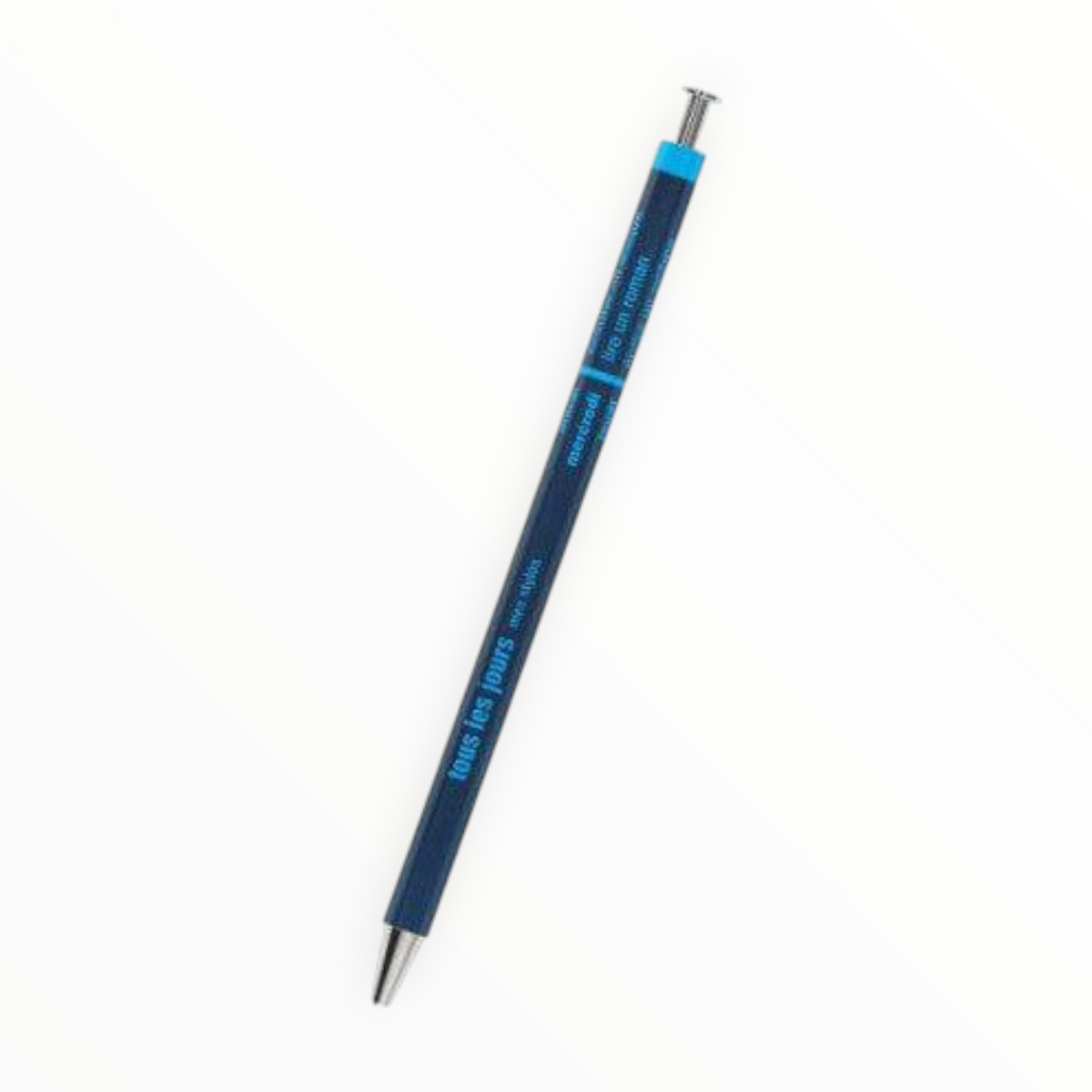A blue and silver mechanical pencil with blue text printed on the barrel, shown diagonally on a plain white background.