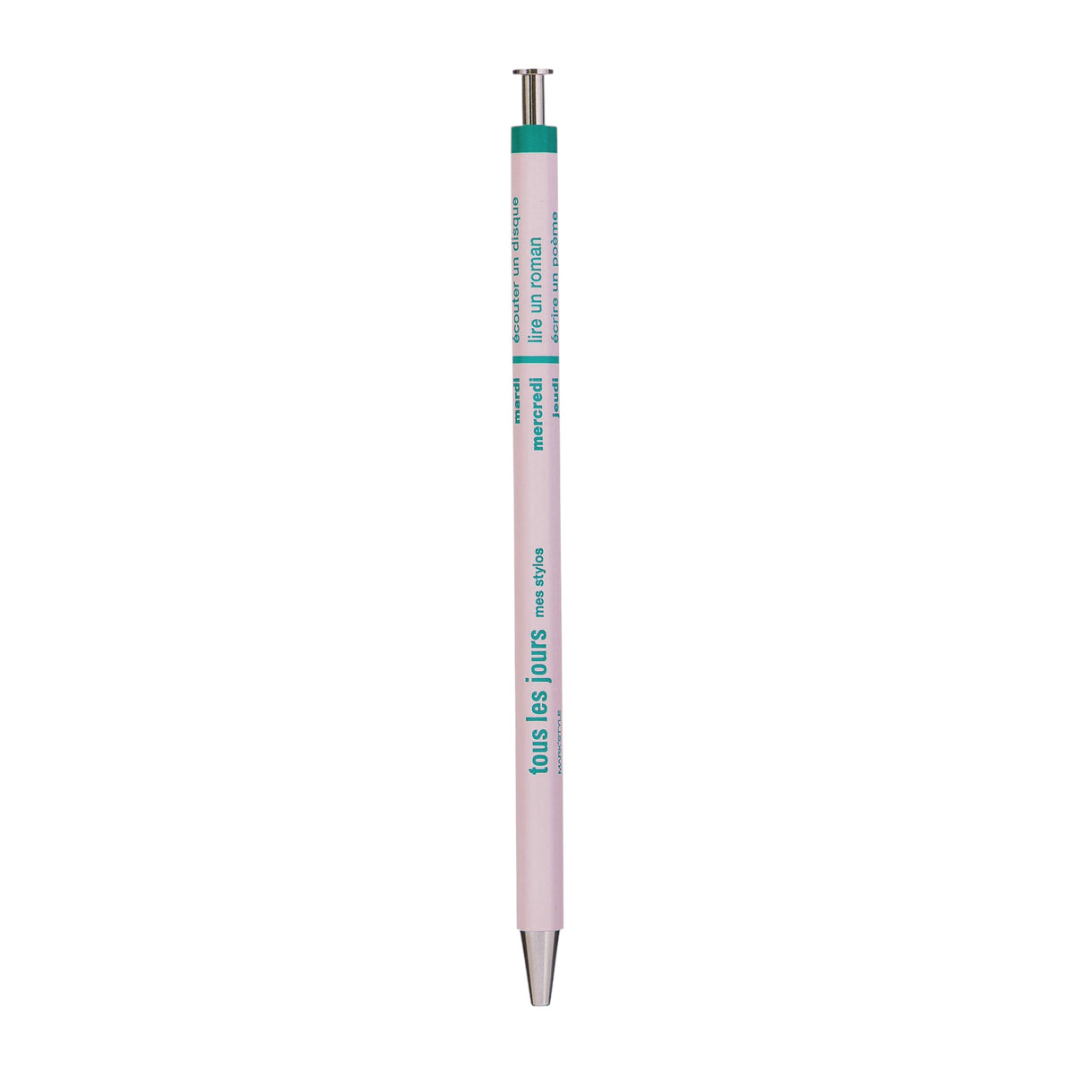Mark'style Tous Les Jours ballpoint pen in pink with green by MARK'S Inc., octagonal cedar-wood barrel, 0.5mm black ink, made in Japan