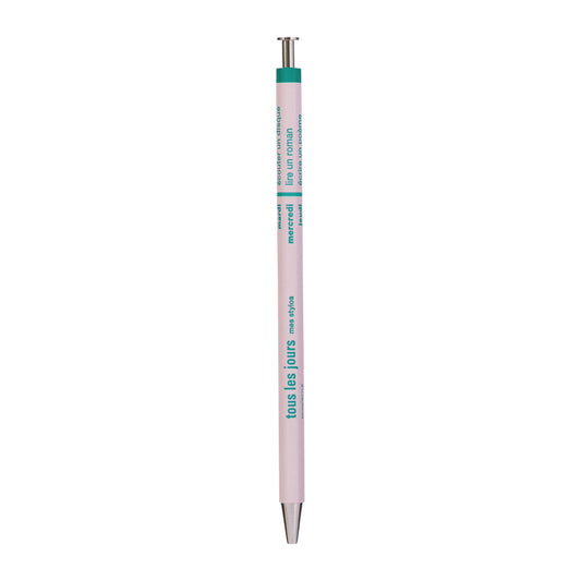 Mark'style Tous Les Jours ballpoint pen in pink with green by MARK'S Inc., octagonal cedar-wood barrel, 0.5mm black ink, made in Japan