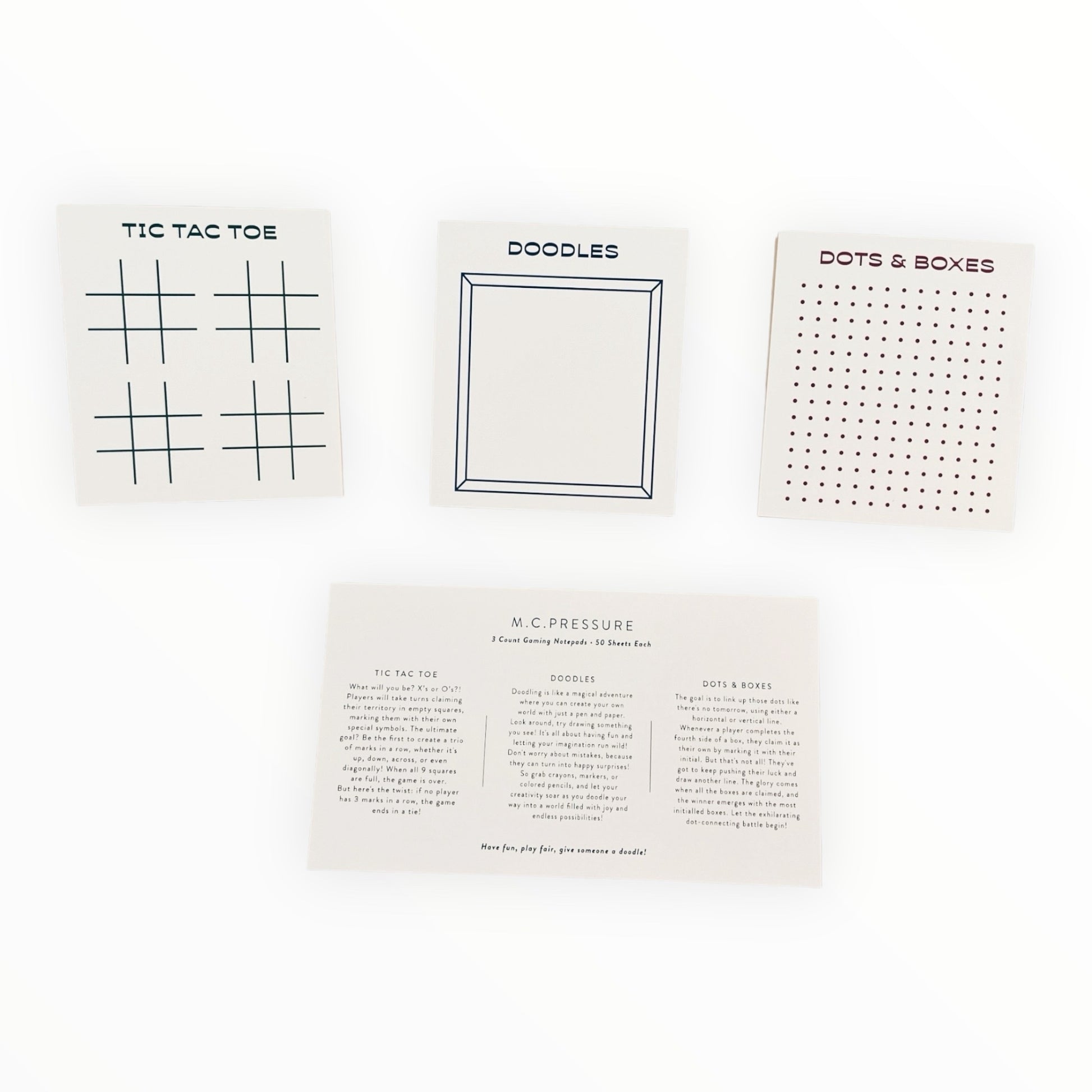 Gaming Notepad Trio by M.C. Pressure, Tic Tac Toe Dots and Boxes and Doodles, 50 pages each, 3.5 x 4 inches