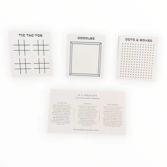 Gaming Notepad Trio by M.C. Pressure, Tic Tac Toe Dots and Boxes and Doodles, 50 pages each, 3.5 x 4 inches