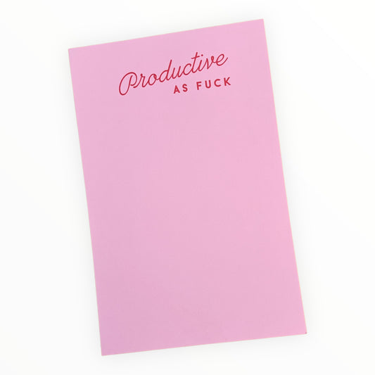Productive AF Notepad by M.C. Pressure, pink paper with red lettering, 50 sheets, 5.5 x 8.5 inches