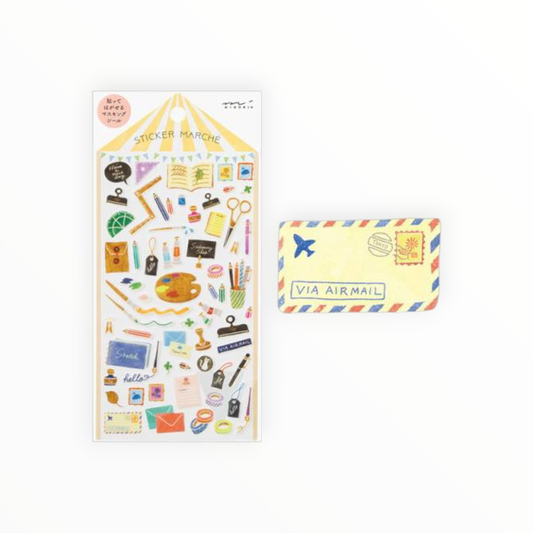 A sheet of colorful craft and stationery stickers next to a decorative envelope-style sticker that reads 'VIA AIRMAIL', shown on a clean white background.