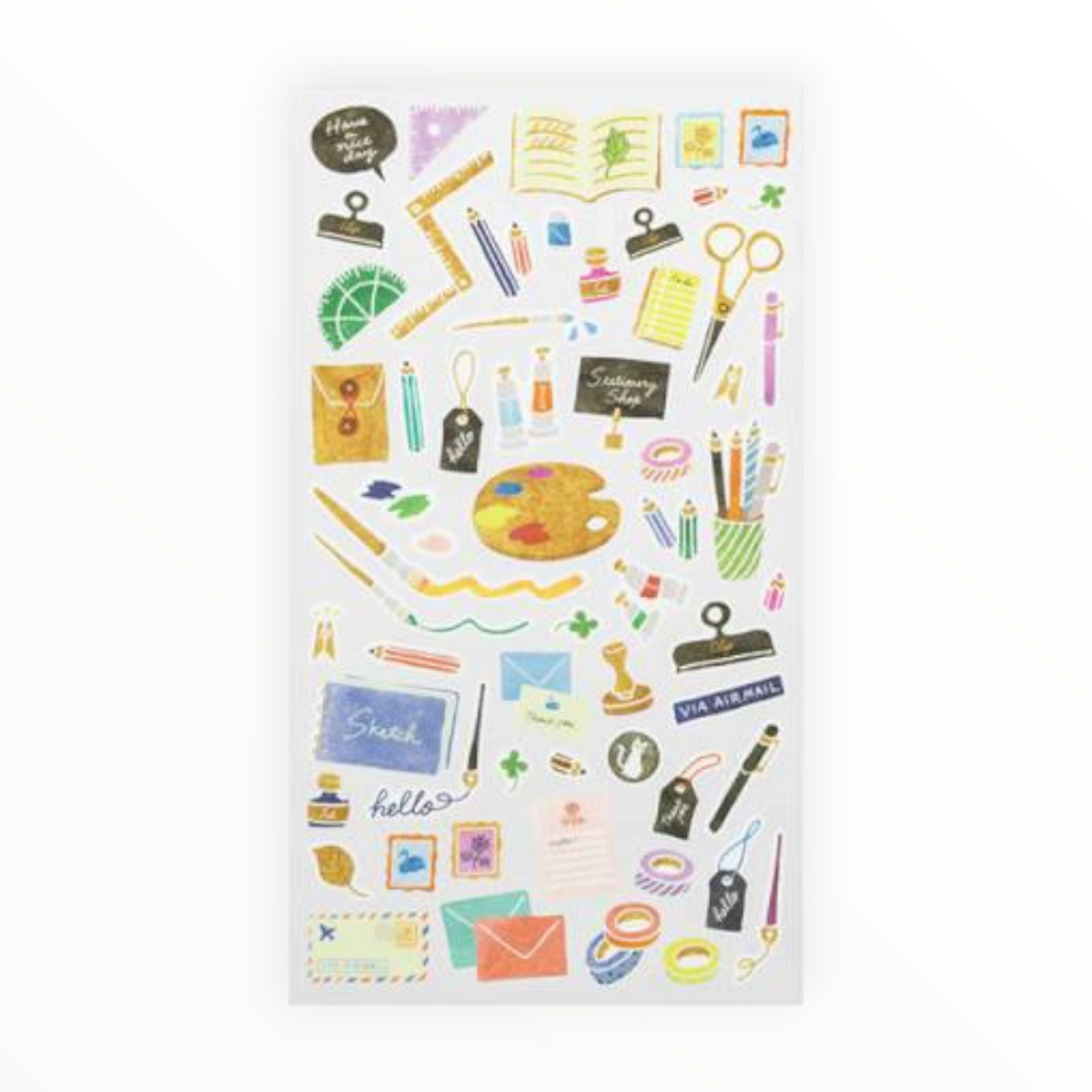 A sheet of colorful stationery stickers featuring illustrations of pens, pencils, scissors, a paint palette, stamps, envelopes, and notes on a white background.