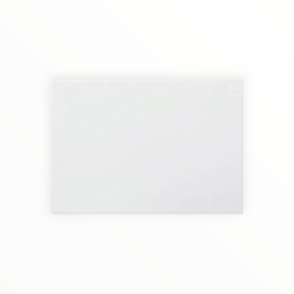 A minimalist, rectangular white cutting board with rounded corners, shown from a top-down perspective on a solid white background.