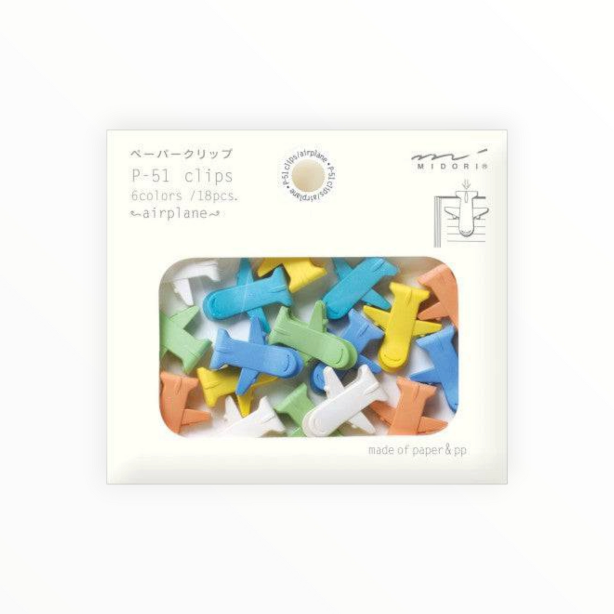 A package of paper airplane clips by Mignon, featuring a clear window showing 18 colorful paper clips shaped like airplanes in blue, green, yellow, orange, and white, set against a plain white background.